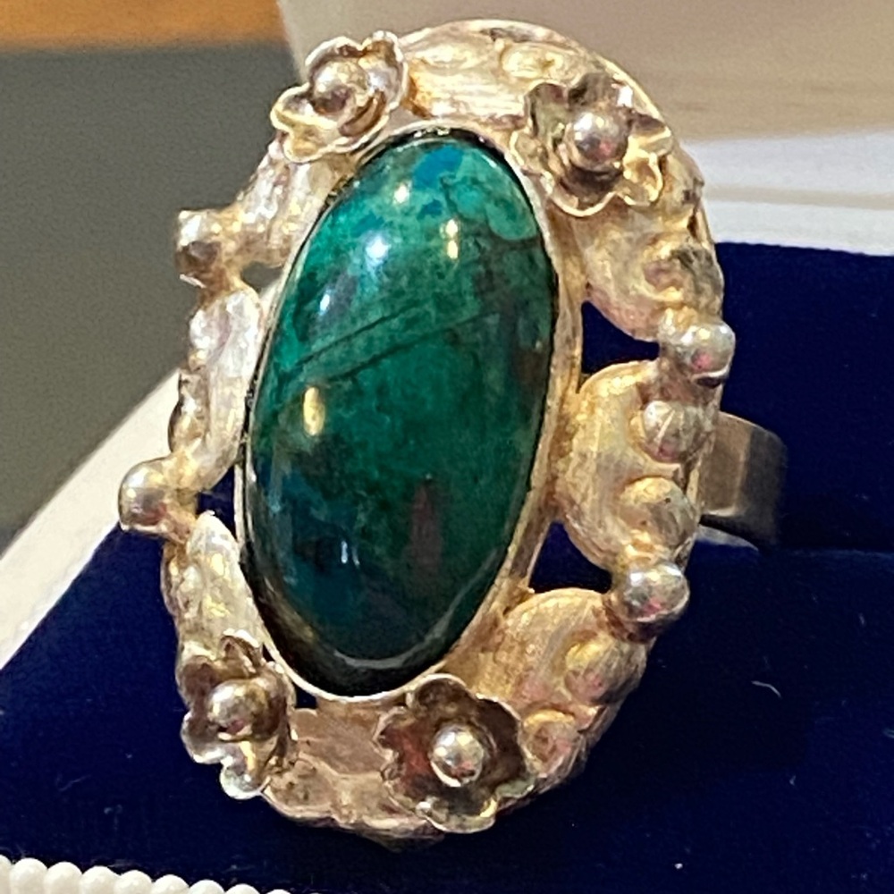 Unique Vintage Sterling Chrysocolla Cabochon adjustable ring